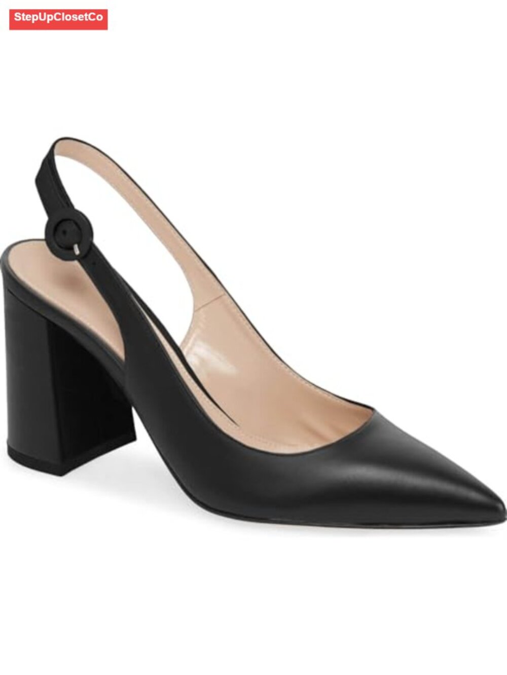 Pointed Toe Block Heel Pumps Slingback Chunky Heel Slip On Dress Shoes